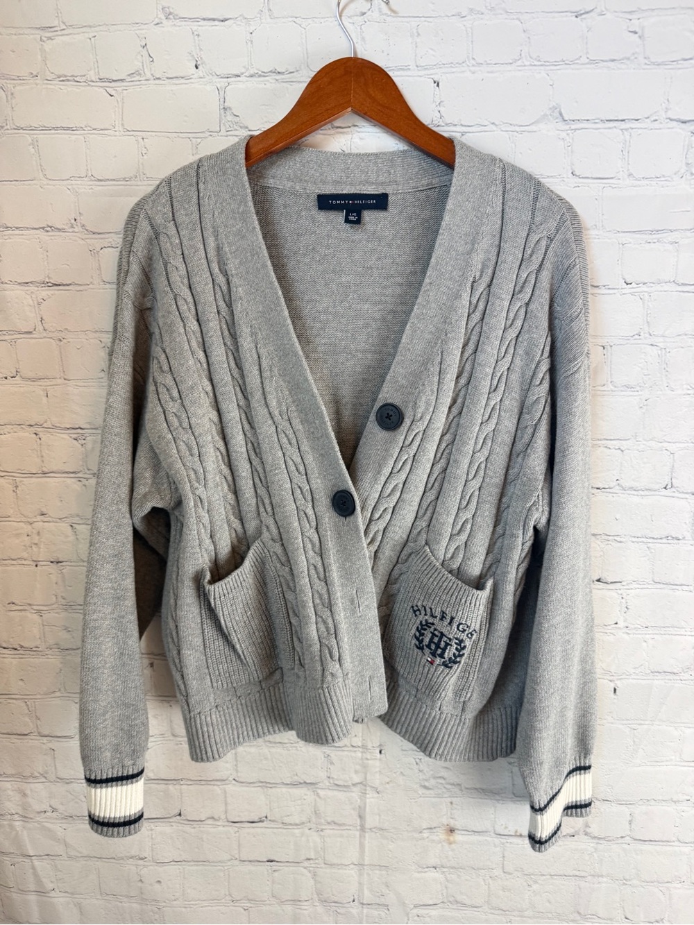 Tommy Hilfiger Gray Cable-Knit V-Neck Button Cardigan